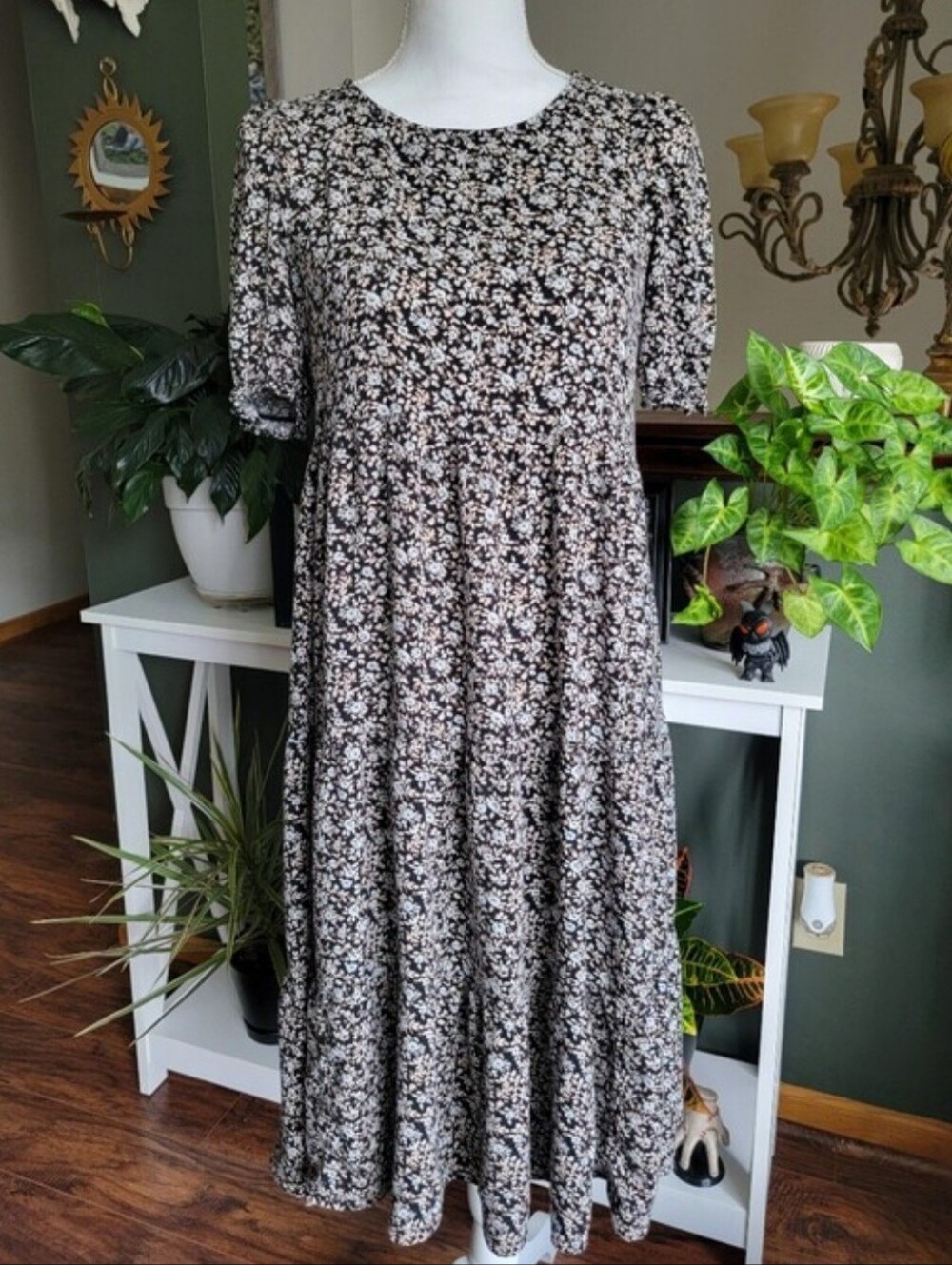 Aerie Garden Party Tiered Midi Dress - Black Floral Short Sleeve - Picture 2 of 11